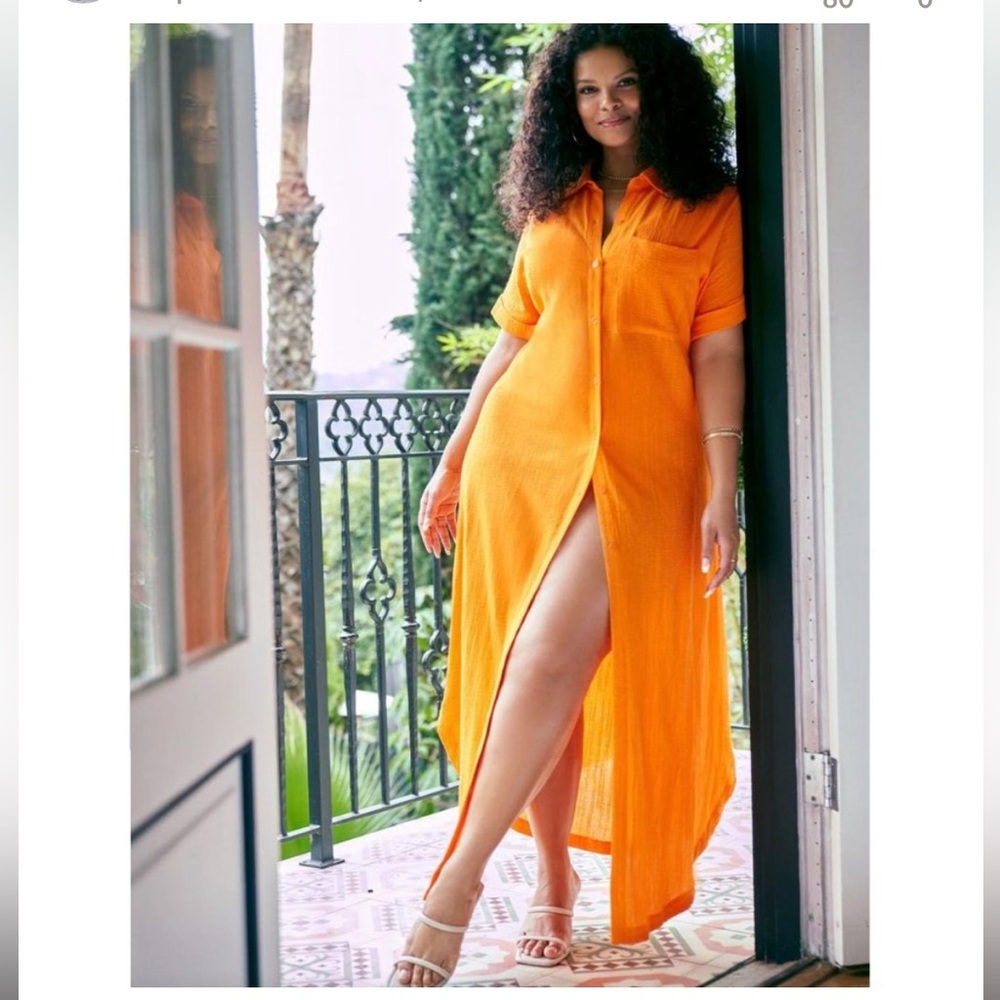 Eloquii Orange Maxi Shirt Dress Linen Coverup